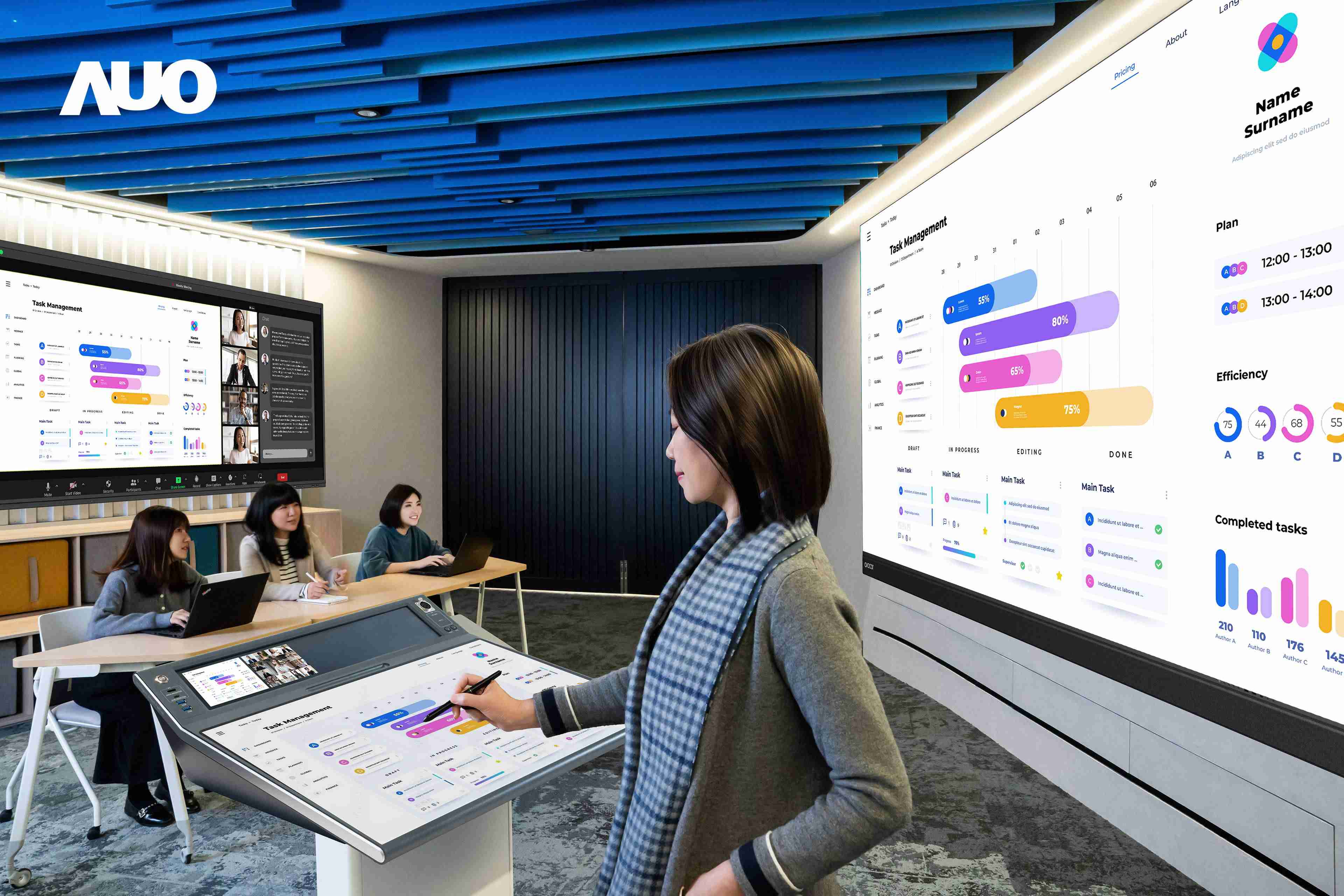 达擎携手Avocor与Rise Vision展示全方位商务领域应用，，包含采用模块化设计的138吋一体式All-in-One LED显示器及具21:9超宽比例的92吋交互式电子白板（IFPD），，讲者可轻松分享内容，，，，有效提升会议协作效率。。